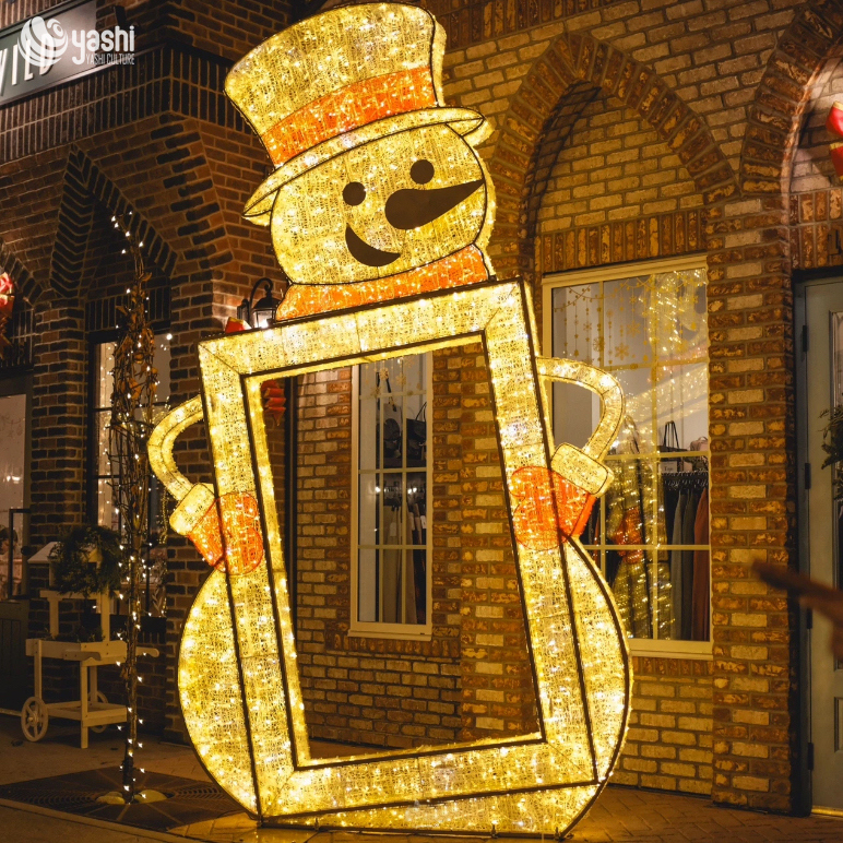 Custom Snowman Photo Frame LED Light Sculpture, Outdoor Light Motif for Shopping Mall Christmas Selfie Decor