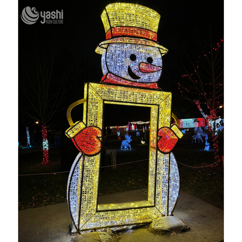 Custom Snowman Photo Frame LED Light Sculpture, Outdoor Light Motif for Shopping Mall Christmas Selfie Decor