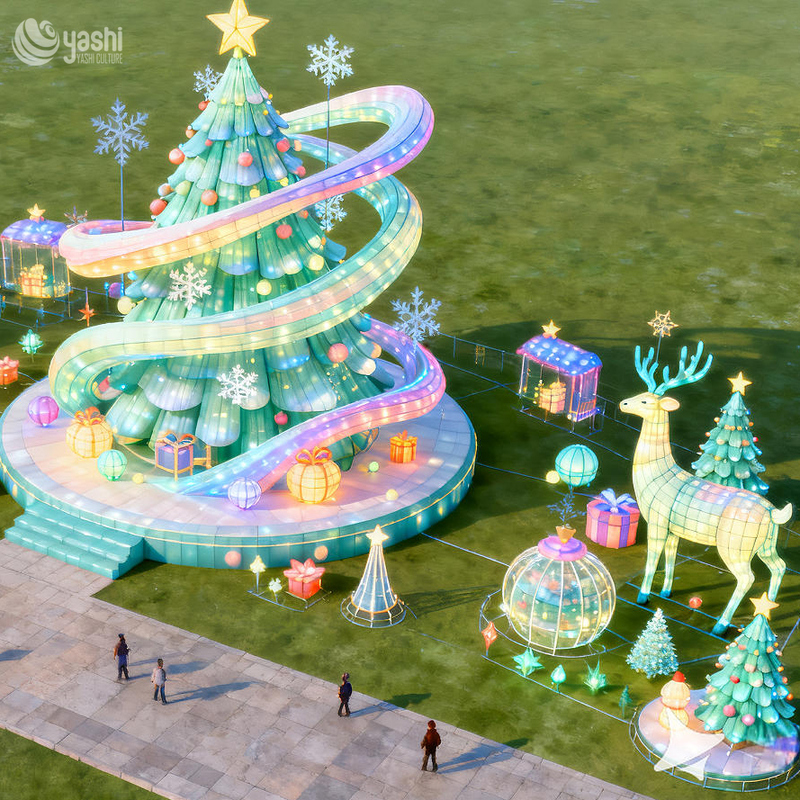Custom Giant Spiral Slide Christmas Tree Silk Lantern Set, Outdoor LED Light Sculpture Group for Theme Park Christmas Light Festival