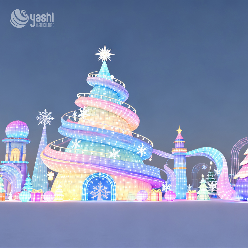Custom Giant Spiral Slide Christmas Tree Silk Lantern Set, Outdoor LED Light Sculpture Group for Theme Park Christmas Light Festival