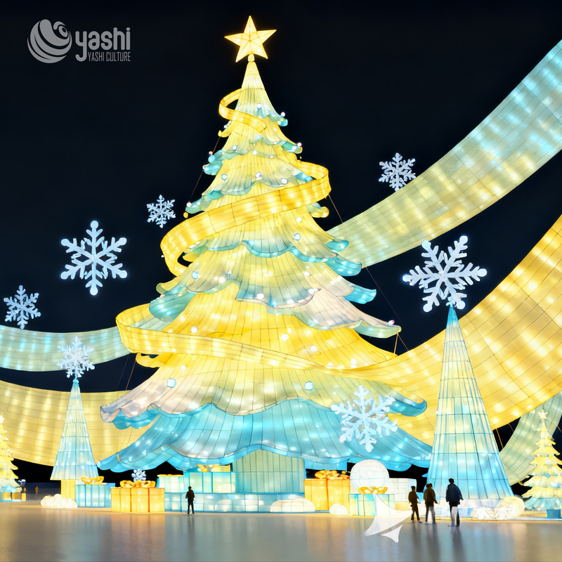 Custom Giant Spiral Slide Christmas Tree Silk Lantern Set, Outdoor LED Light Sculpture Group for Theme Park Christmas Light Festival