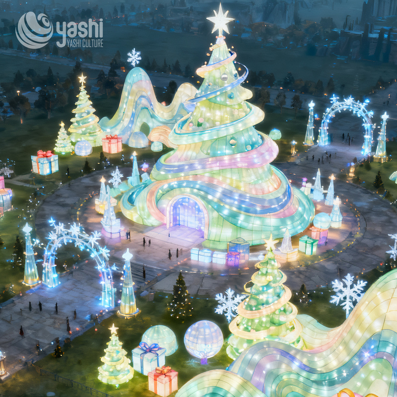Custom Giant Silk Fabric Christmas Tree Lantern Set, Outdoor Waterproof LED Festival Light Sculpture for Light Festival & Theme Park