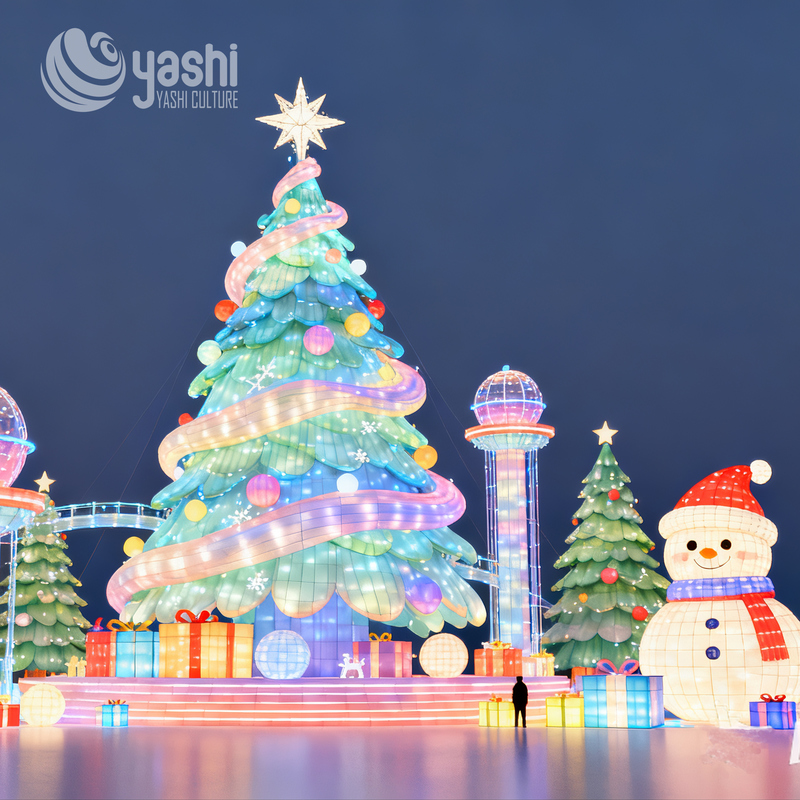 Custom Giant Silk Fabric Christmas Tree Lantern Set, Outdoor Waterproof LED Festival Light Sculpture for Light Festival & Theme Park