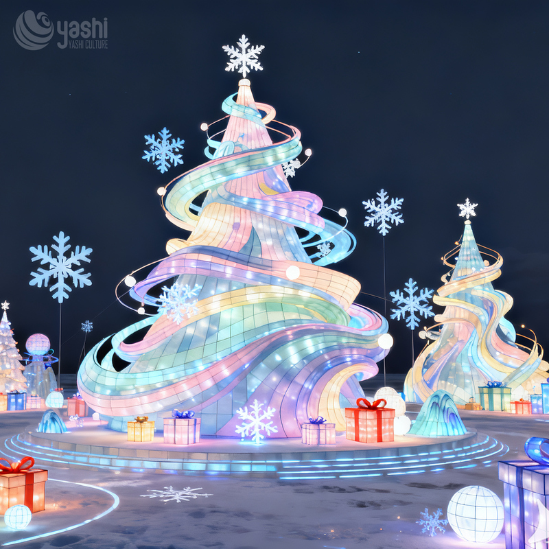 Custom Giant Silk Fabric Christmas Tree Lantern Set, Outdoor Waterproof LED Festival Light Sculpture for Light Festival & Theme Park