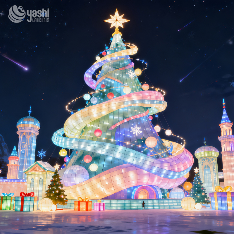 Custom Giant Silk Fabric Christmas Tree Lantern Set, Outdoor Waterproof LED Festival Light Sculpture for Light Festival & Theme Park