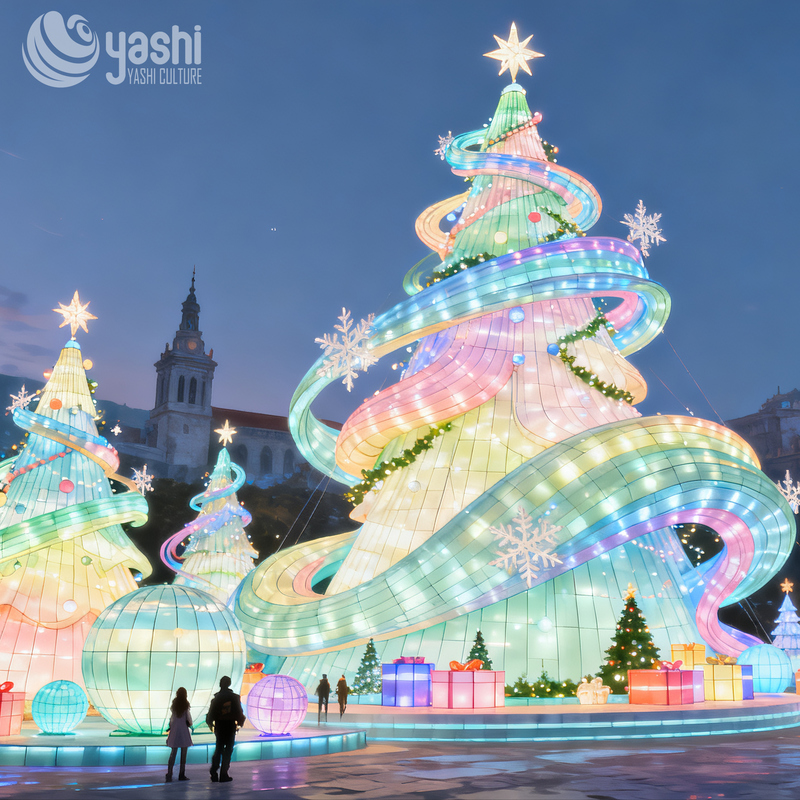 Custom Giant Silk Fabric Christmas Tree Lantern Set, Outdoor Waterproof LED Festival Light Sculpture for Light Festival & Theme Park