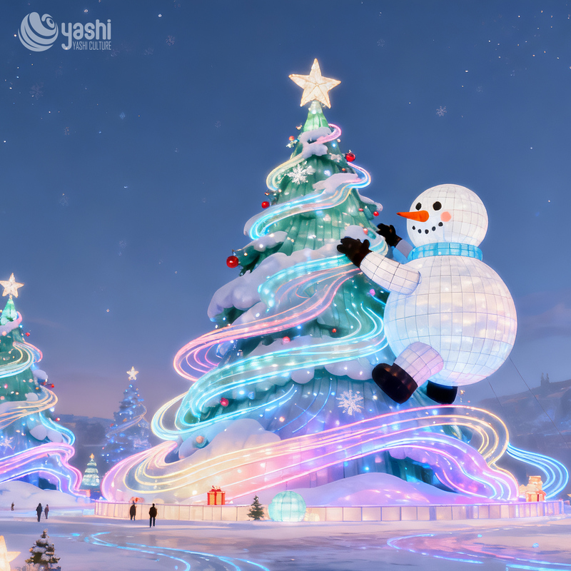 Custom Giant Christmas Tree with Climbing Snowman Lantern, Waterproof LED Light Sculpture for Plaza & Theme Park