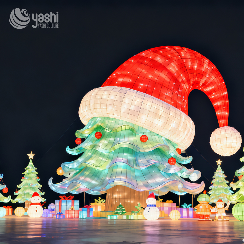 Giant Christmas Tree Silk Lantern with Santa Hat, Outdoor LED Light Sculpture for Plaza Christmas Festival Decoration