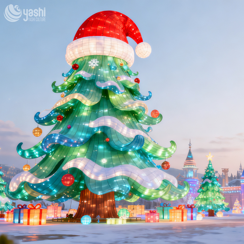 Giant Christmas Tree Silk Lantern with Santa Hat, Outdoor LED Light Sculpture for Plaza Christmas Festival Decoration
