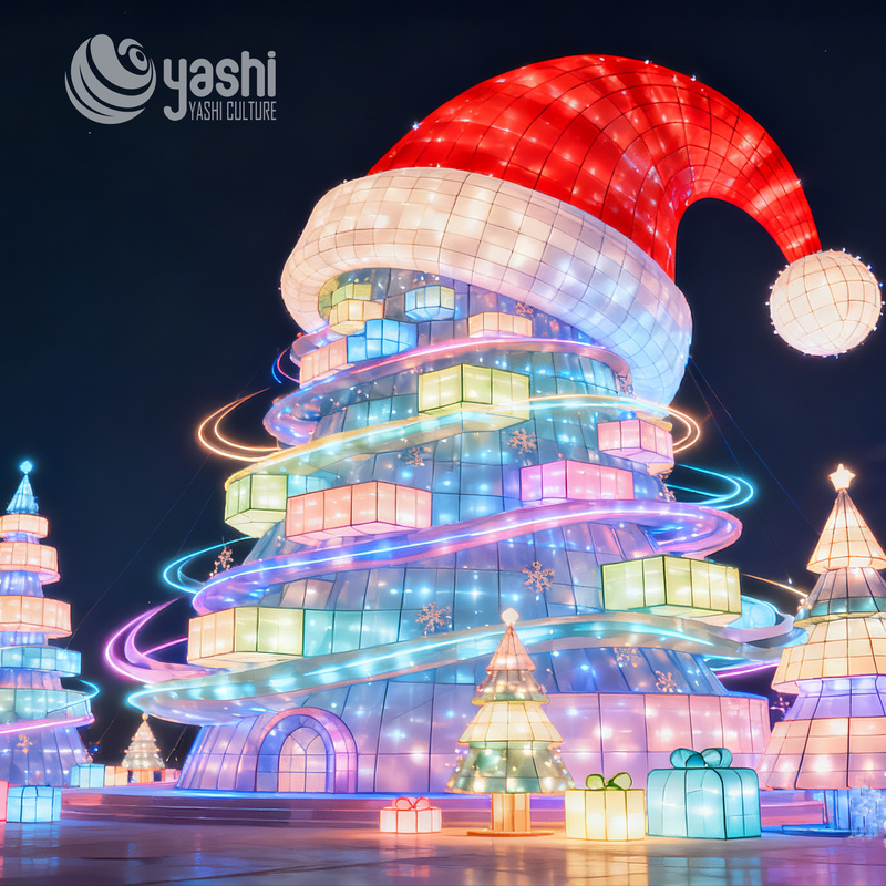 Giant Christmas Tree Silk Lantern with Santa Hat, Outdoor LED Light Sculpture for Plaza Christmas Festival Decoration
