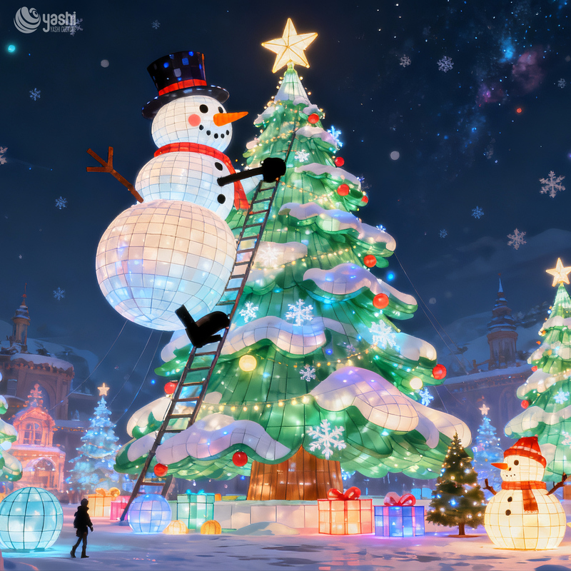 Giant LED Christmas Tree & Snowman Lantern, Outdoor Waterproof Festival Light Sculpture for Park Shopping Mall Display