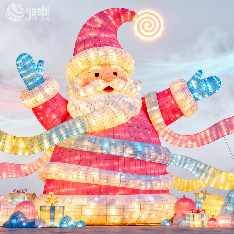 Custom Macaron Color Santa Head Tunnel Lantern, Large Outdoor LED Light Arch for Shopping Mall Winter Events