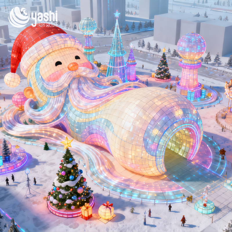 Custom Macaron Color Santa Head Tunnel Lantern, Large Outdoor LED Light Arch for Shopping Mall Winter Events