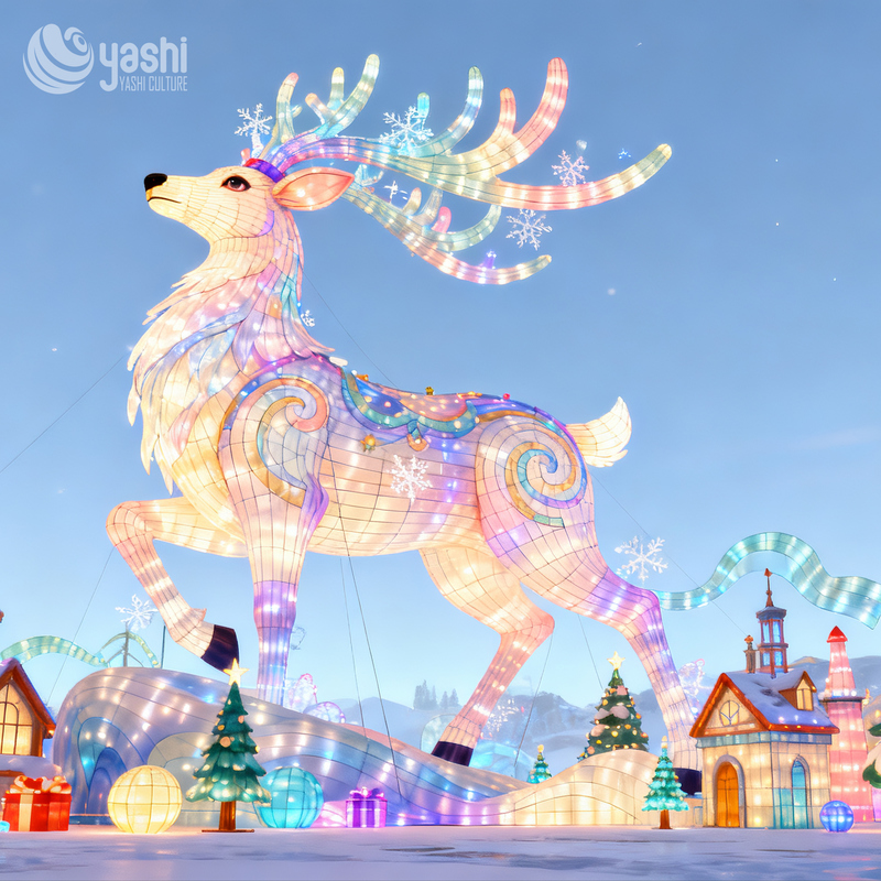 Custom Giant Reindeer Sleigh Silk Lantern, Outdoor Illuminated Christmas Light Sculpture for Shopping Mall Night Event