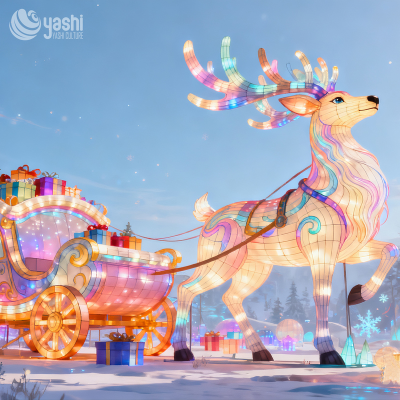 Custom Giant Reindeer Sleigh Silk Lantern, Outdoor Illuminated Christmas Light Sculpture for Shopping Mall Night Event