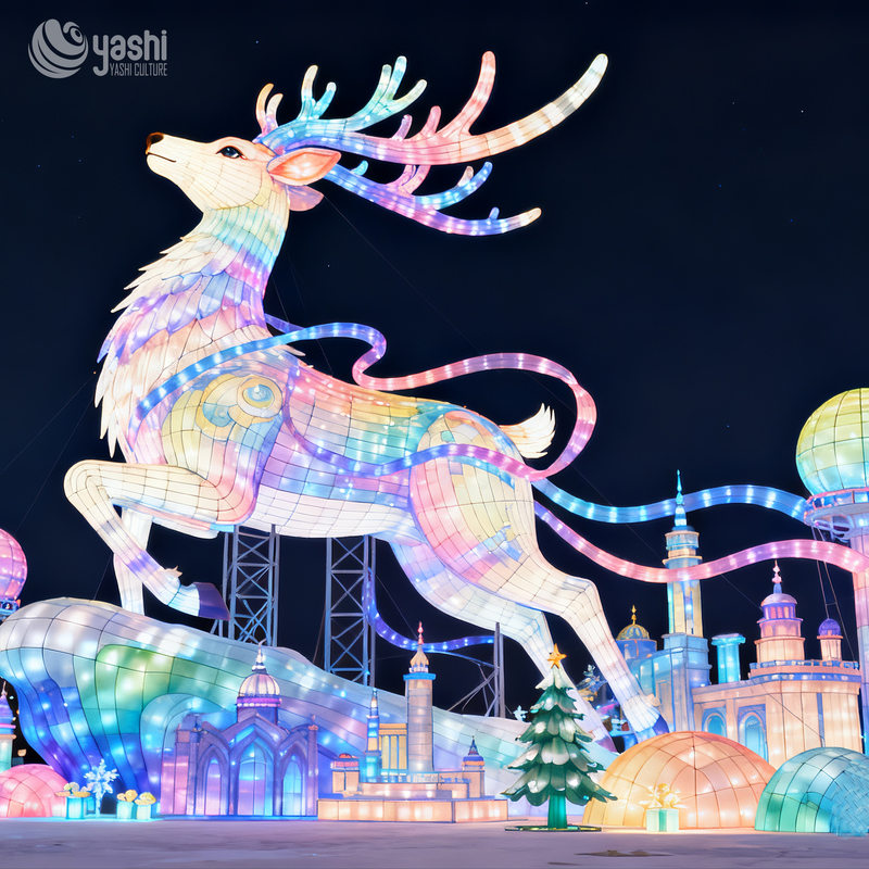 Custom Giant Reindeer Sleigh Silk Lantern, Outdoor Illuminated Christmas Light Sculpture for Shopping Mall Night Event