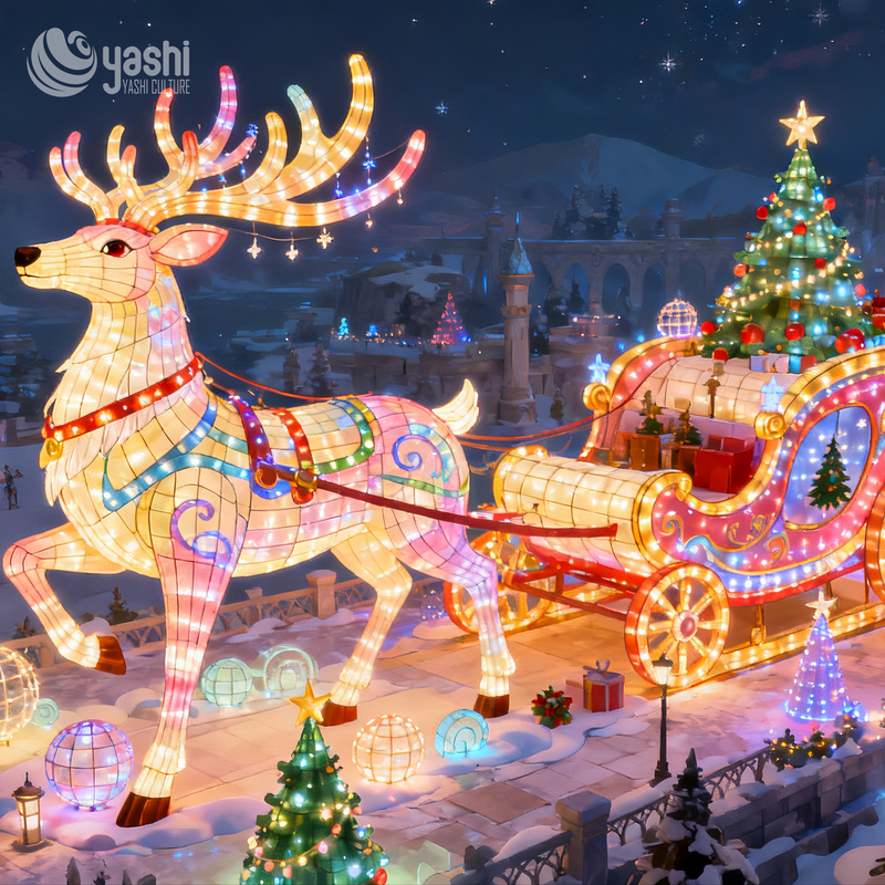 Custom Giant Reindeer Sleigh Silk Lantern, Outdoor Illuminated Christmas Light Sculpture for Shopping Mall Night Event