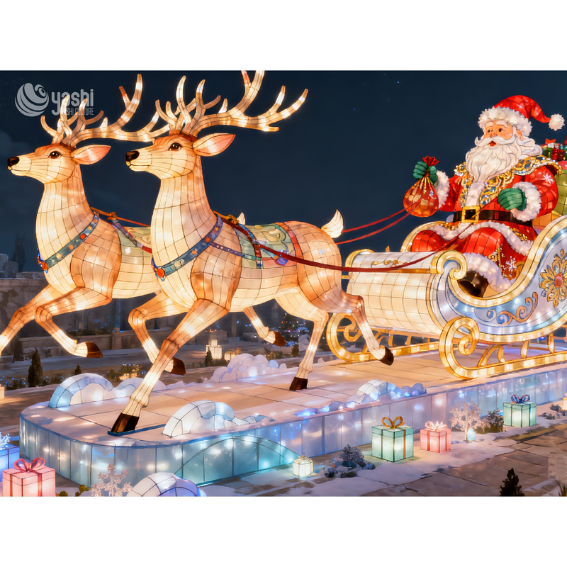 Custom Giant Reindeer Sleigh Silk Lantern, Outdoor Illuminated Christmas Light Sculpture for Shopping Mall Night Event