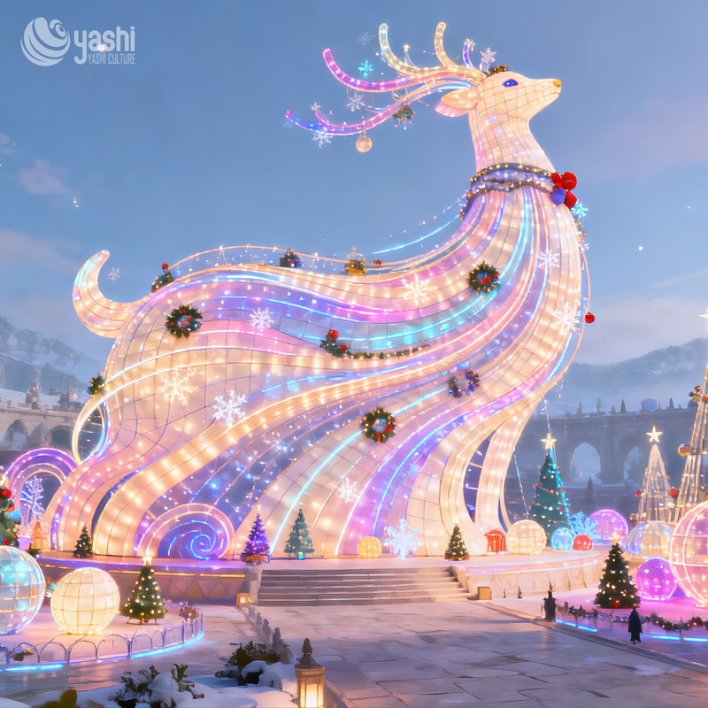 Custom Fantasy Pastel Elk Silk Lantern, Outdoor Illuminated LED Sculpture for Winter Tourism Night Exhibition