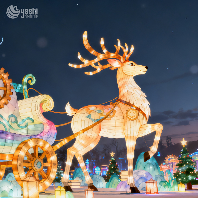Custom Fantasy Pastel Elk Silk Lantern, Outdoor Illuminated LED Sculpture for Winter Tourism Night Exhibition