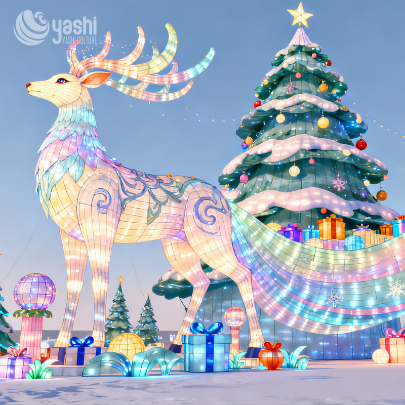 Custom Fantasy Pastel Elk Silk Lantern, Outdoor Illuminated LED Sculpture for Winter Tourism Night Exhibition