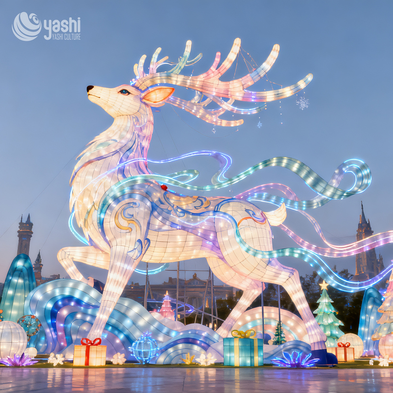 Custom Fantasy Pastel Elk Silk Lantern, Outdoor Illuminated LED Sculpture for Winter Tourism Night Exhibition