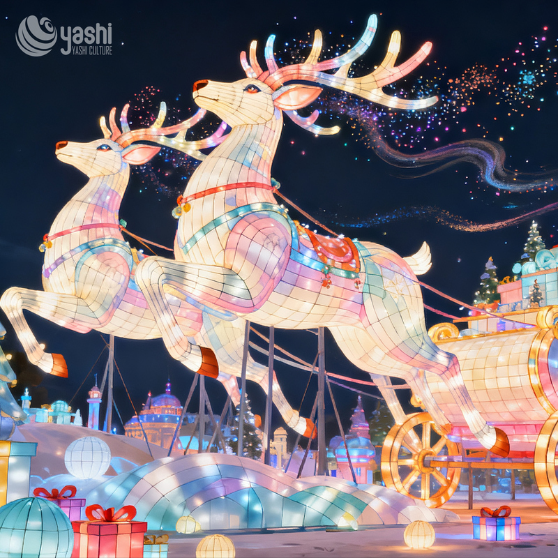 Custom Fantasy Pastel Elk Silk Lantern, Outdoor Illuminated LED Sculpture for Winter Tourism Night Exhibition