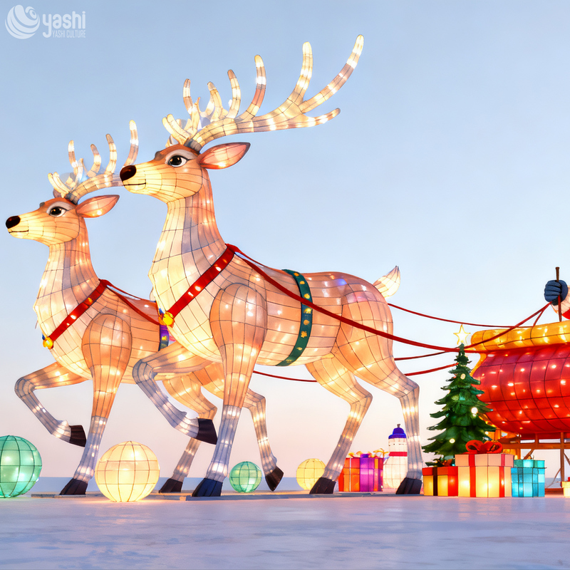 Искусственные рождественские олени, декоративные фонари-сани и рождественские фонари на открытом воздухе