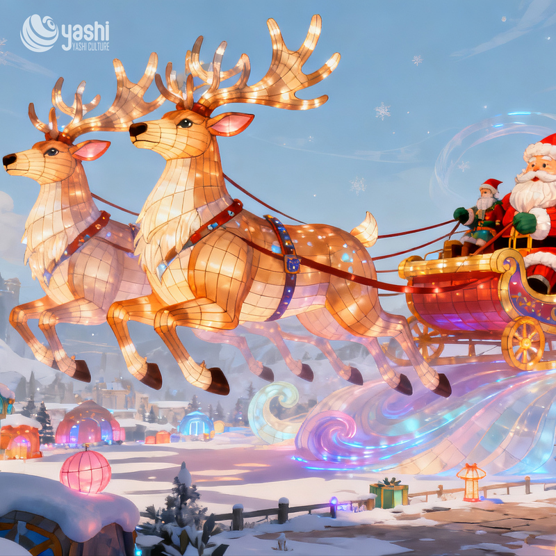 Искусственные рождественские олени, декоративные фонари-сани и рождественские фонари на открытом воздухе