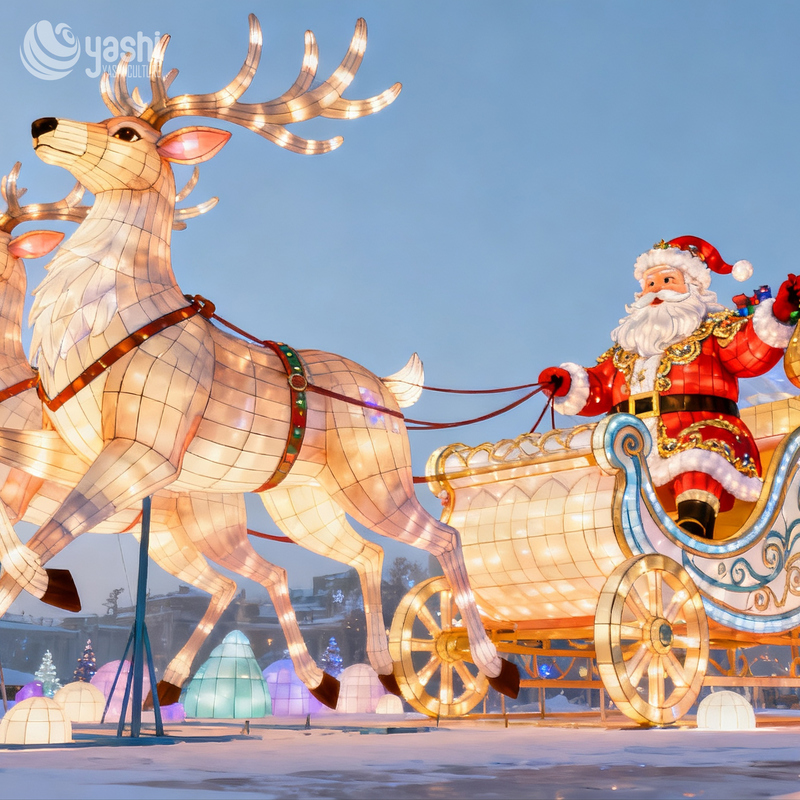 Искусственные рождественские олени, декоративные фонари-сани и рождественские фонари на открытом воздухе