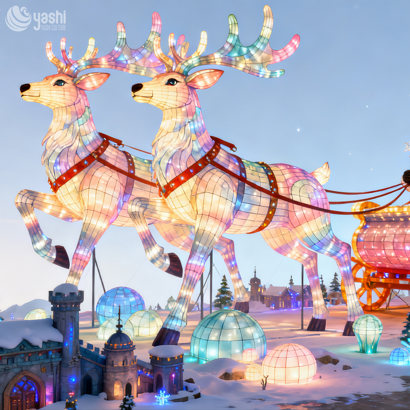 Custom Giant Santa Claus Sleigh with Running Reindeer Light Sculpture, Traditional Silk Lantern Display for Shopping Mall Xmas Exhibition