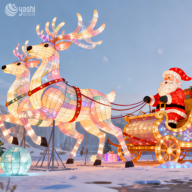 Custom Giant Santa Claus Sleigh with Running Reindeer Light Sculpture, Traditional Silk Lantern Display for Shopping Mall Xmas Exhibition