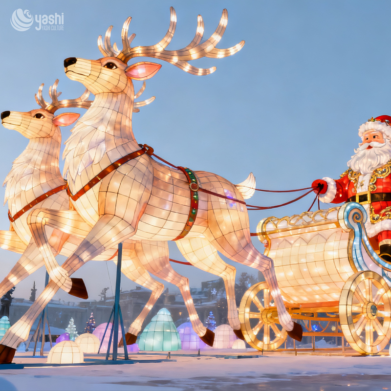 Custom Giant Santa Claus Sleigh with Running Reindeer Light Sculpture, Traditional Silk Lantern Display for Shopping Mall Xmas Exhibition