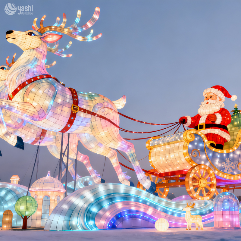 Custom Giant Santa Claus Sleigh with Running Reindeer Light Sculpture, Traditional Silk Lantern Display for Shopping Mall Xmas Exhibition