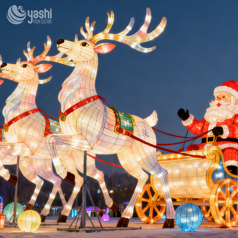 Custom Giant Santa Claus Sleigh with Running Reindeer Light Sculpture, Traditional Silk Lantern Display for Shopping Mall Xmas Exhibition