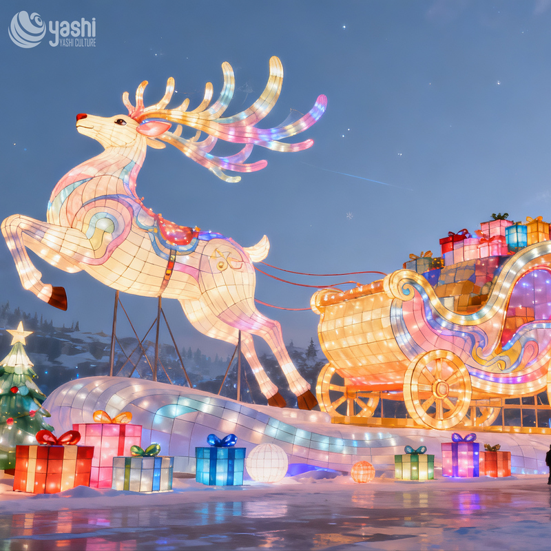 Custom Reindeer Pulling Christmas Carriage Silk Lantern Set, Outdoor LED Light Sculpture for Holiday Light Festival