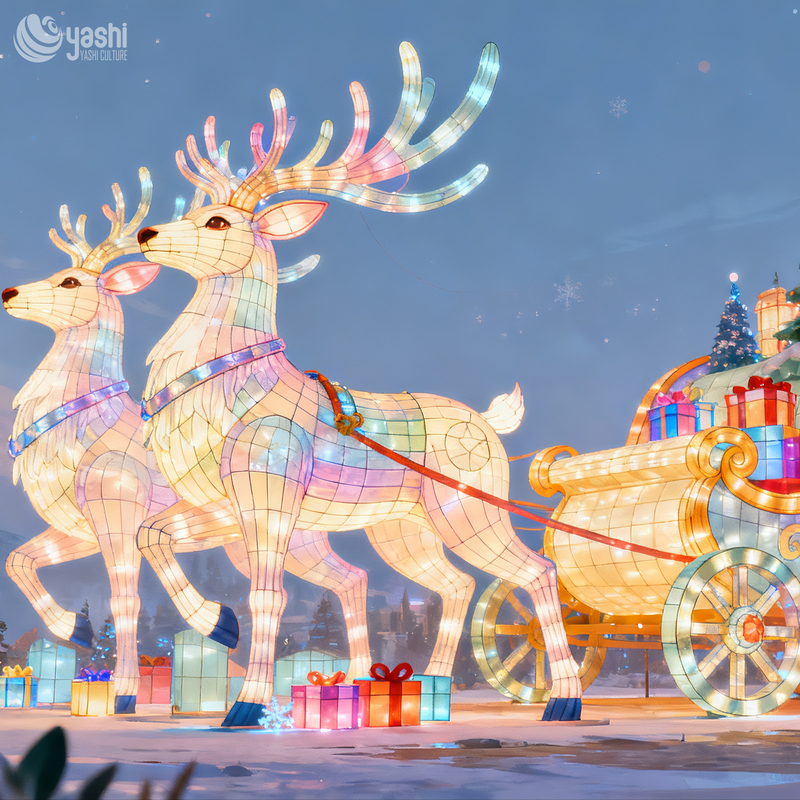 Custom Reindeer Pulling Christmas Carriage Silk Lantern Set, Outdoor LED Light Sculpture for Holiday Light Festival