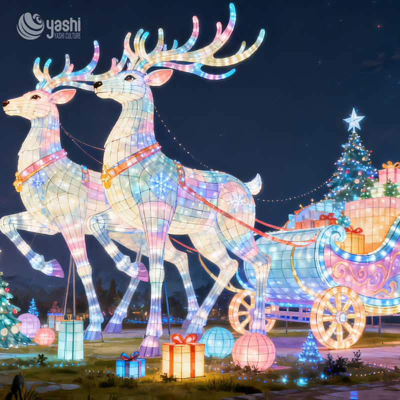Custom Reindeer Pulling Christmas Carriage Silk Lantern Set, Outdoor LED Light Sculpture for Holiday Light Festival