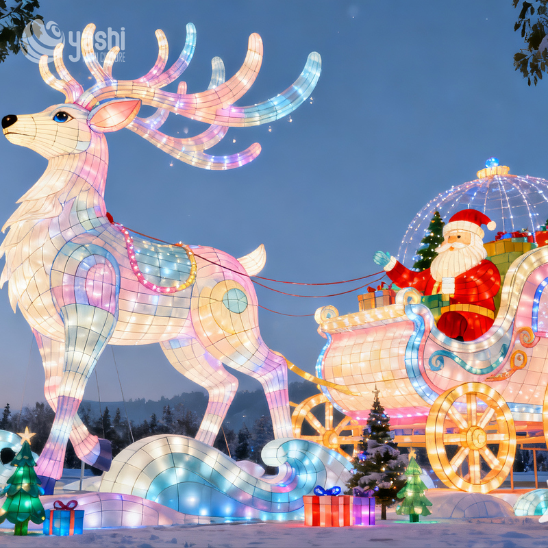 Custom Reindeer Pulling Christmas Carriage Silk Lantern Set, Outdoor LED Light Sculpture for Holiday Light Festival