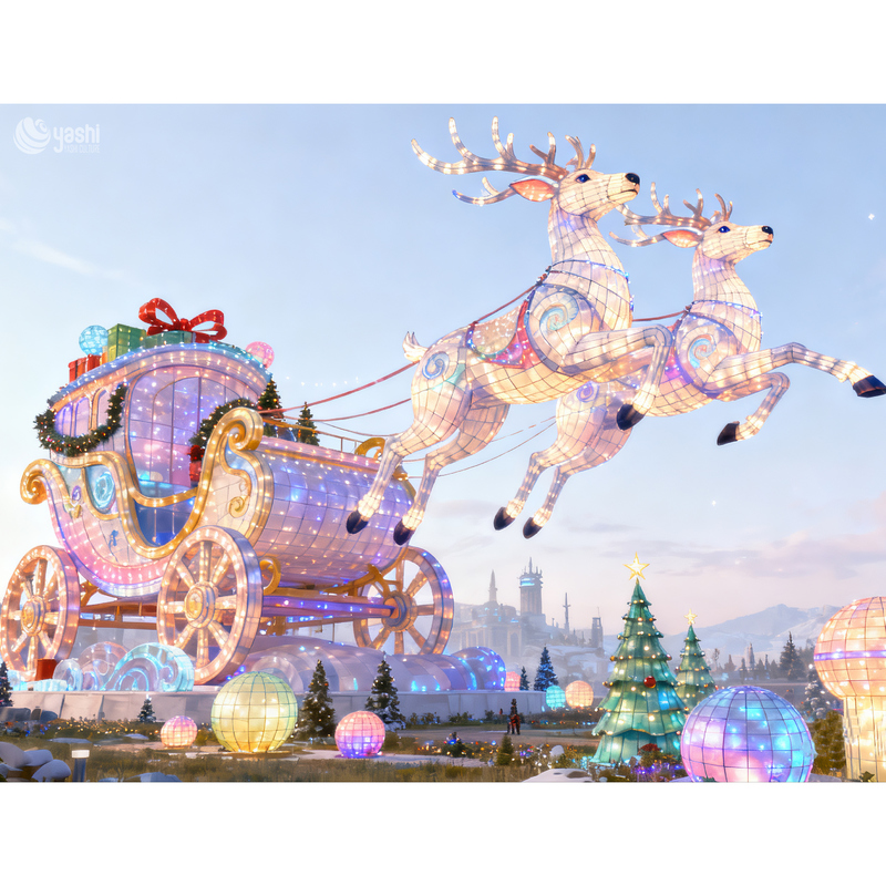 Custom Reindeer Pulling Christmas Carriage Silk Lantern Set, Outdoor LED Light Sculpture for Holiday Light Festival