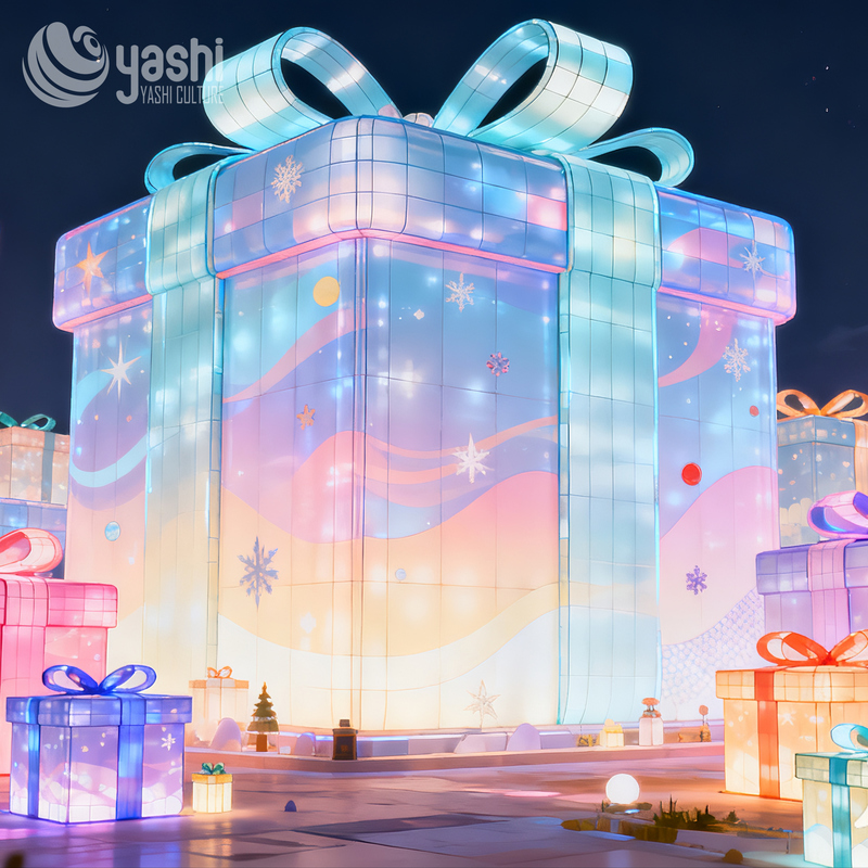 Custom Giant Gradient Gift Box Silk Lantern, Outdoor LED Light Sculpture for Christmas Plaza Holiday Decoration