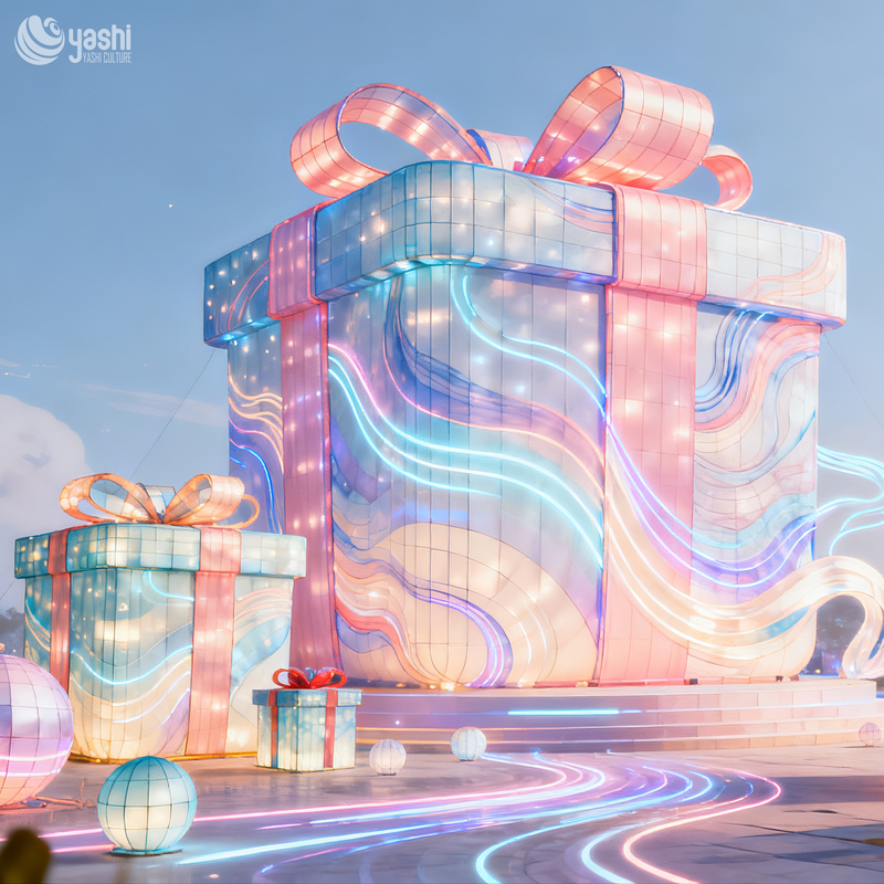 Custom Giant Gradient Gift Box Silk Lantern, Outdoor LED Light Sculpture for Christmas Plaza Holiday Decoration