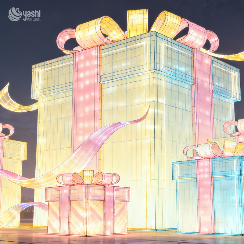 Custom Giant Gradient Gift Box Silk Lantern, Outdoor LED Light Sculpture for Christmas Plaza Holiday Decoration