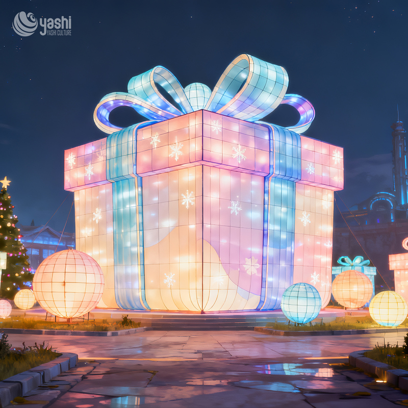Custom Giant Gradient Gift Box Silk Lantern, Outdoor LED Light Sculpture for Christmas Plaza Holiday Decoration