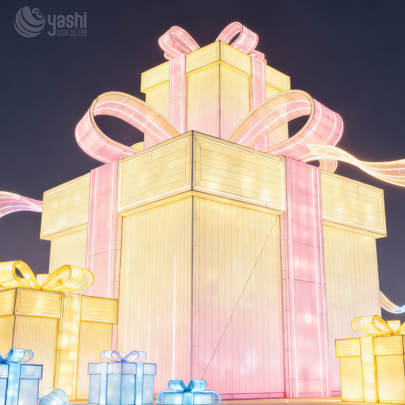 Custom Christmas Gift Box Silk Lantern Set, Outdoor LED Light Sculpture for Shopping Mall Holiday Scene Decor
