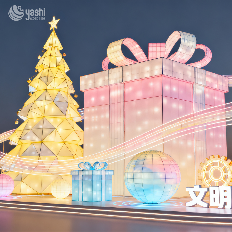 Custom Christmas Gift Box Silk Lantern Set, Outdoor LED Light Sculpture for Shopping Mall Holiday Scene Decor