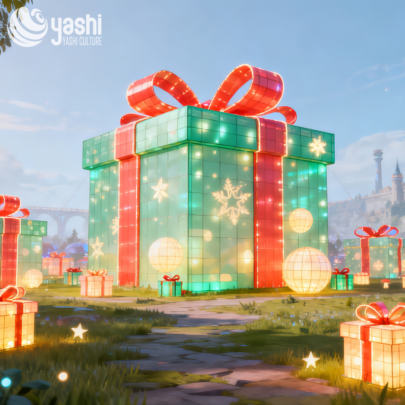 Custom Christmas Gift Box Silk Lantern Set, Outdoor LED Light Sculpture for Shopping Mall Holiday Scene Decor