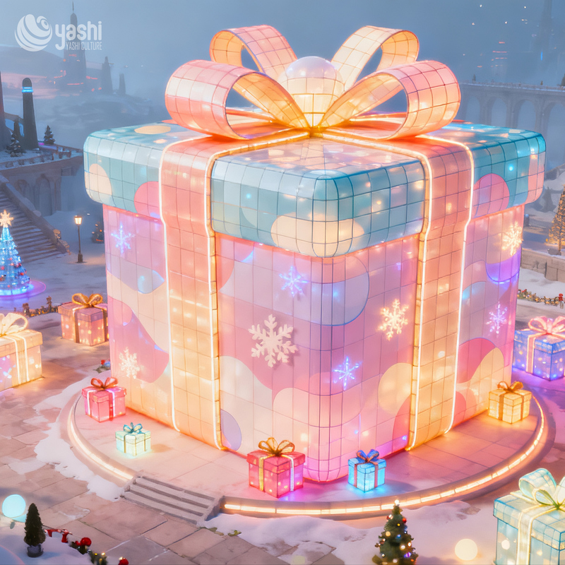 Custom Christmas Gift Box Silk Lantern Set, Outdoor LED Light Sculpture for Shopping Mall Holiday Scene Decor