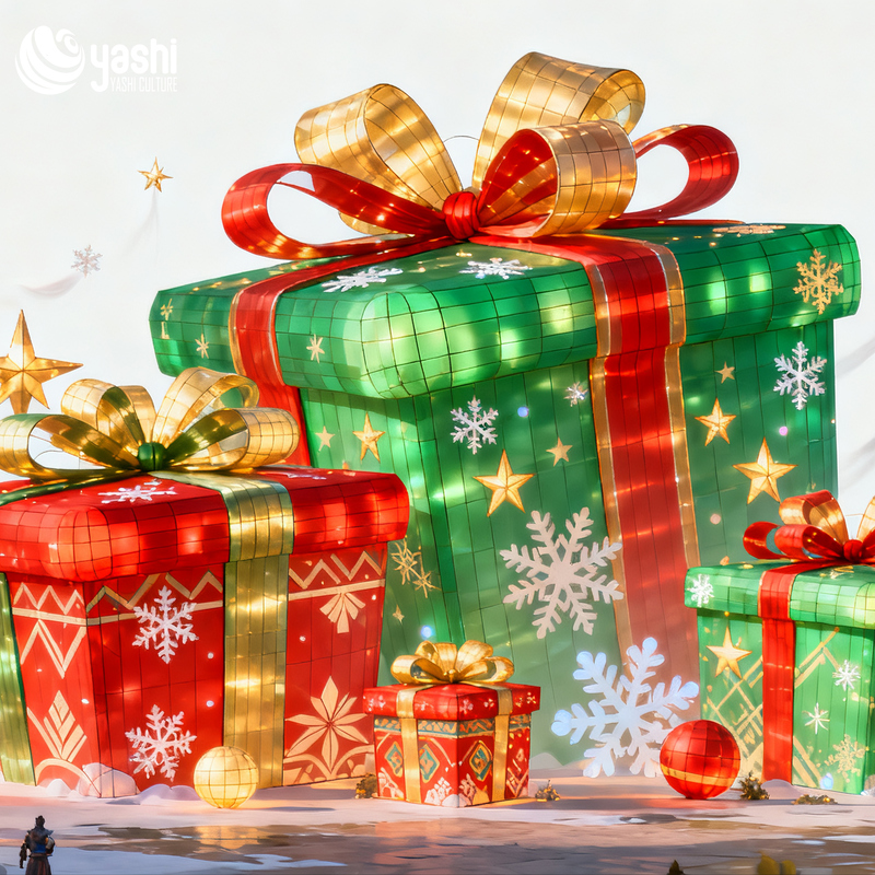 Custom Christmas Gift Box Silk Lantern Set, Outdoor LED Light Sculpture for Shopping Mall Holiday Scene Decor