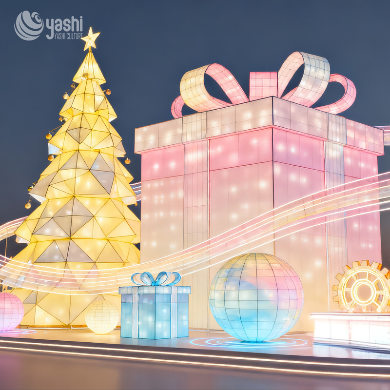 Custom Macaron Rainbow Gift Box Silk Lantern, Outdoor LED Light Sculpture for Christmas Holiday Light Show